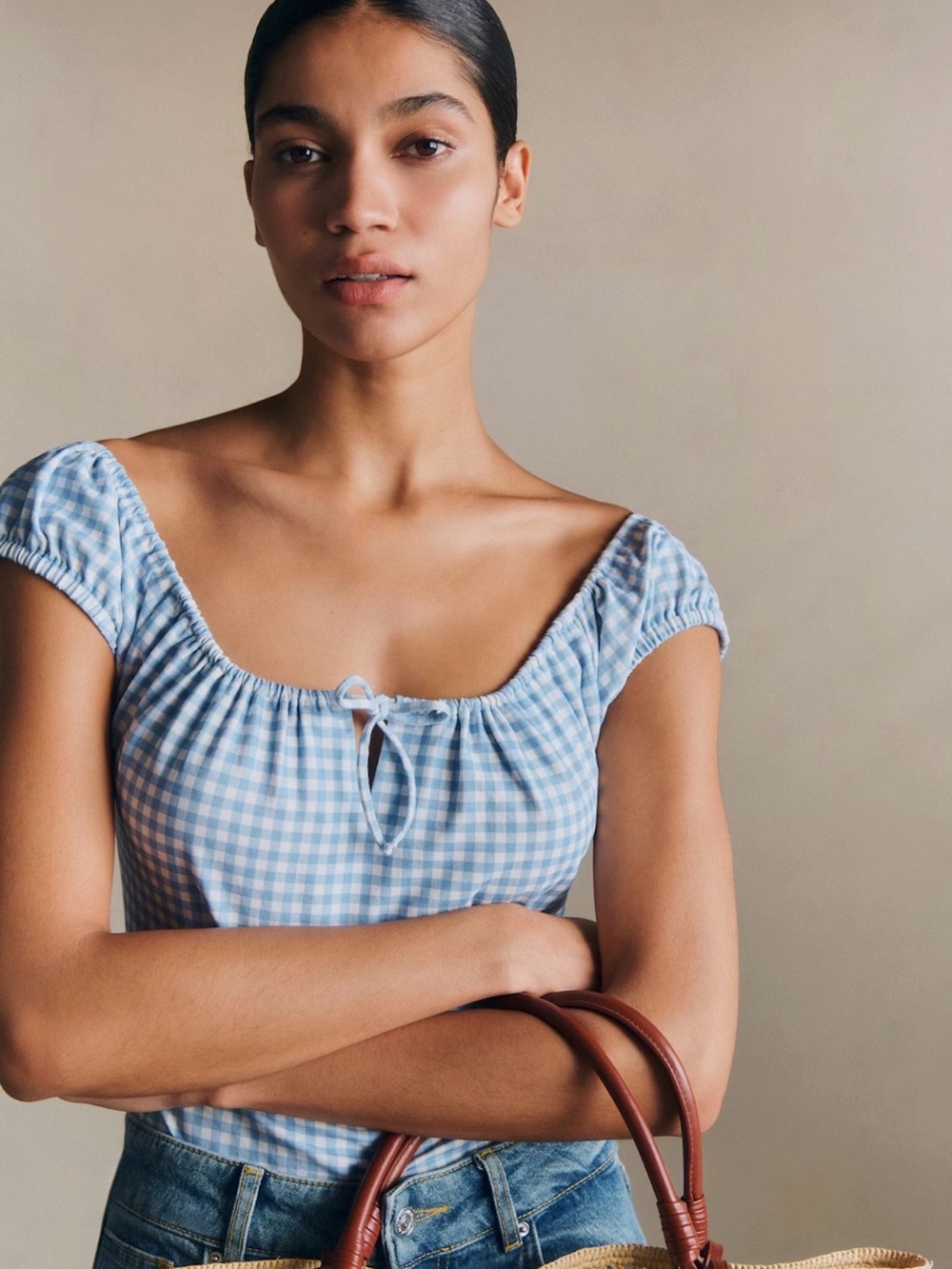 Sézane Willow T-Shirt Gingham Top – Size XXL – Ecru and Blue - Picture 2 of 5